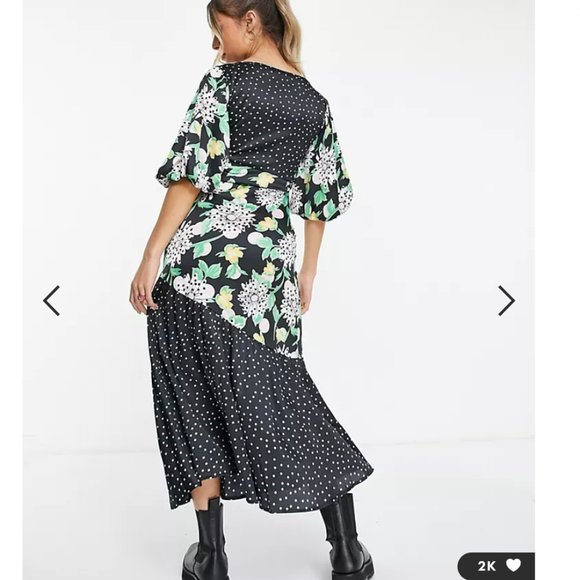 ASOS DESIGN mixed print shirred midi tea dress with bubble sleeve - Picture 3 of 5